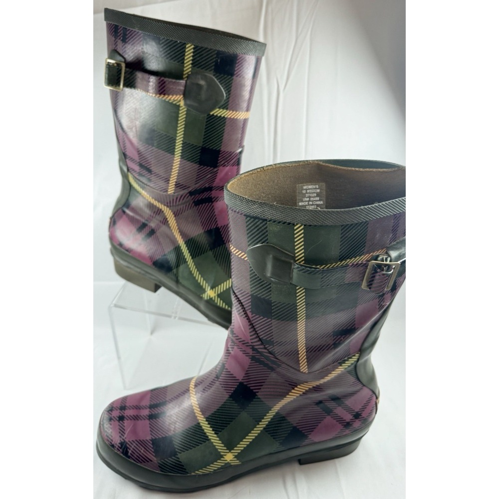 LLBean Wellie Water Resist Rain Boots Tall Women's Signature Plaid Size 10M GC